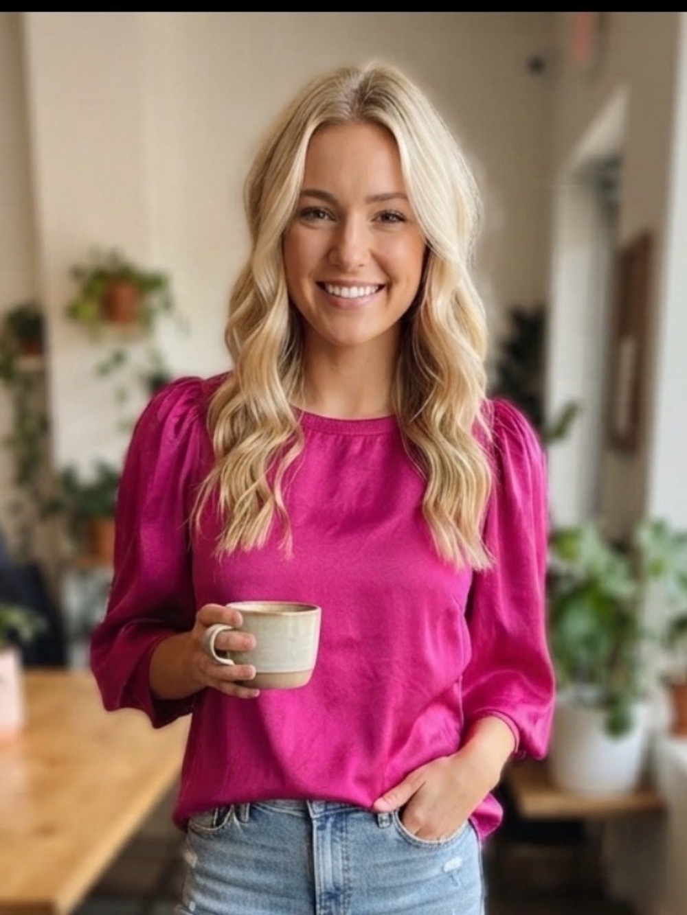 Nation LTD Bright Fuchsia Puff-Sleeve Blouse